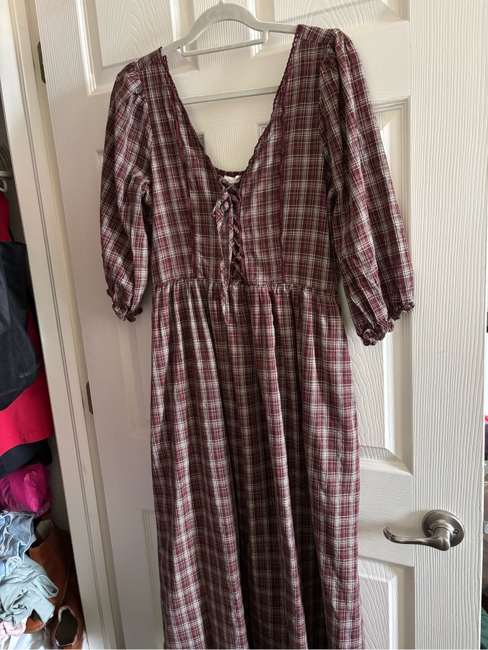 Neuflora New England Plaid Lace-Up Midi Dress in Burgundy
